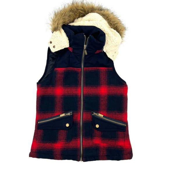 Mossimo Navy Burgundy Plaid Sherpa Faux Fur Fall Vest Size Small Zippered Hood - Picture 4 of 8